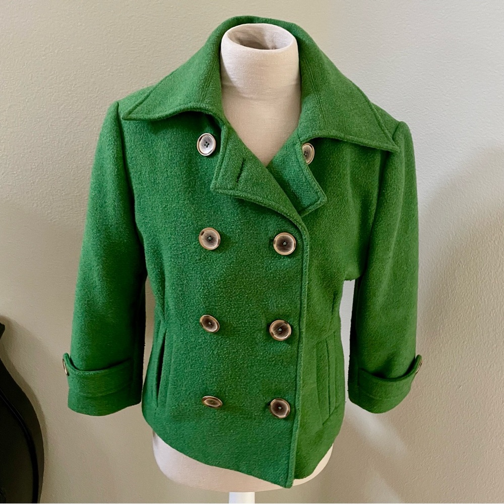 CAbi 659 Peacoat Clover Green Double Breasted Wool Blend Size 6